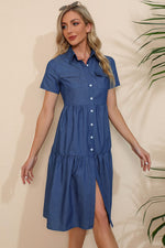 Load image into Gallery viewer, Short Sleeve Collared Button Down Denim Dress
