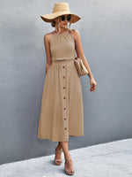 Load image into Gallery viewer, Buttoned Halter Neck Frill Trim Midi Dress
