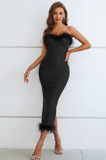 Load image into Gallery viewer, Feather Trim Strapless Sweetheart Neck Dress
