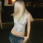 Load image into Gallery viewer, Riley Halterneck Shiny Silver Backless Top
