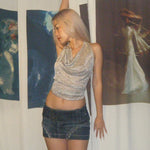 Load image into Gallery viewer, Riley Halterneck Shiny Silver Backless Top
