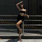 Load image into Gallery viewer, Lucy Chain Panels Backless Diagonal Slit Dress
